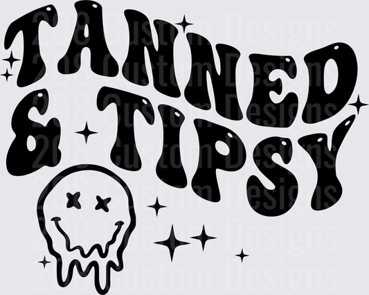 Tanned and Tipsy Retro Groovy Text with Melting Smiley Face
