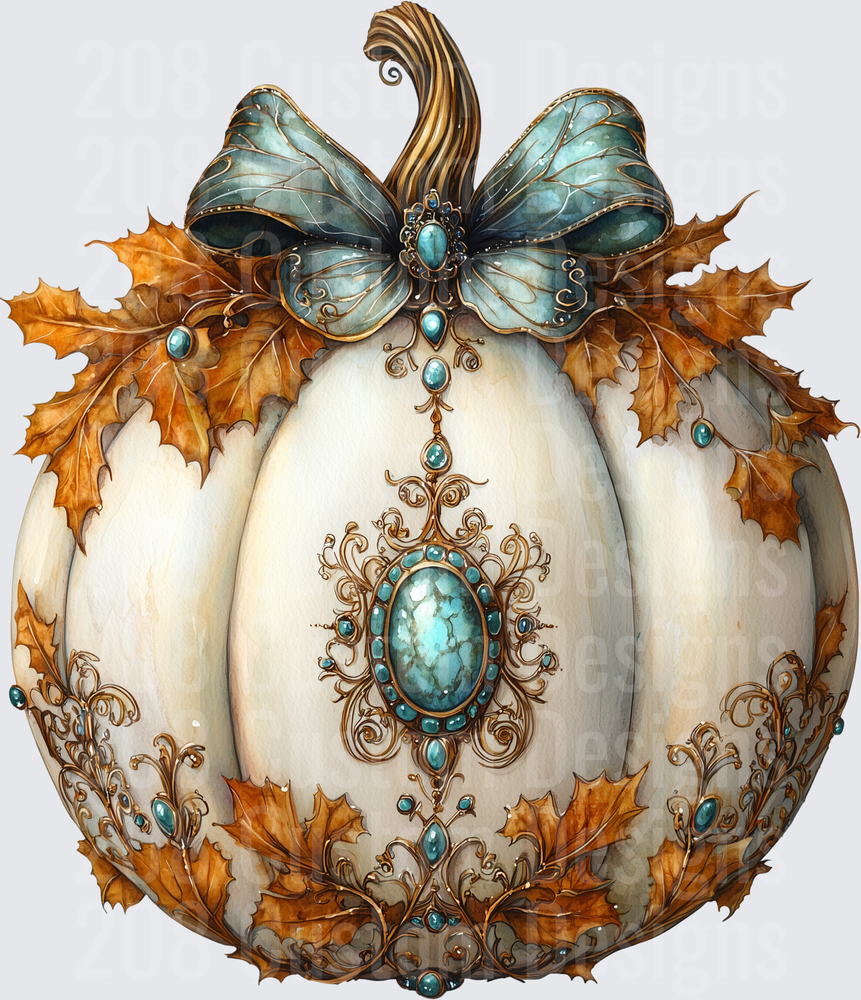 Ornate White Pumpkin with Turquoise Bow and Autumn Leaves