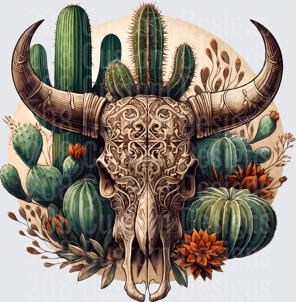 Ornate Bull Skull with Desert Cactus and Succulents Boho Design