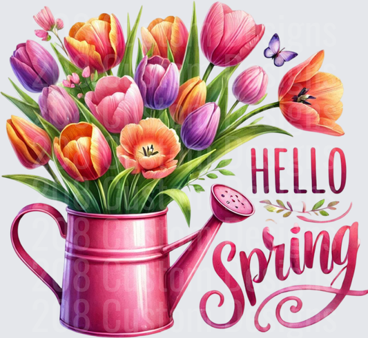 Hello Spring Tulips in Pink Watering Can with Butterfly