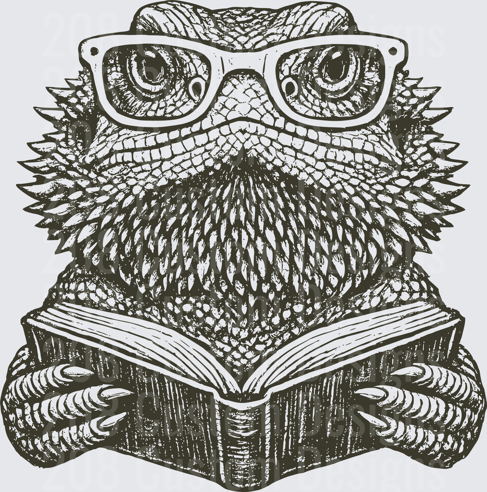 Bearded Dragon Wearing Glasses Reading Book Vintage Sketch