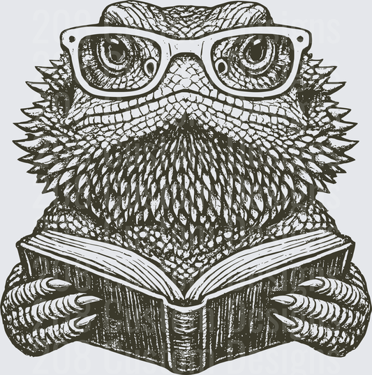 Bearded Dragon Wearing Glasses Reading Book Vintage Sketch