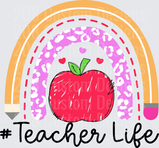 #Teacher Life Rainbow Apple Leopard Print Pencil Design