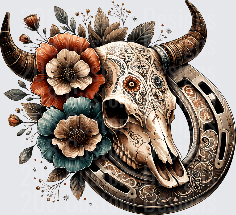 Ornate Bull Skull with Paisley Patterns and Vintage Flowers in Horseshoe Frame