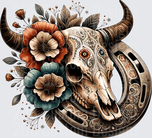 Ornate Bull Skull with Paisley Patterns and Vintage Flowers in Horseshoe Frame