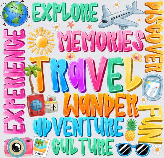 Colorful Travel Typography with Vacation Icons and Adventure Words