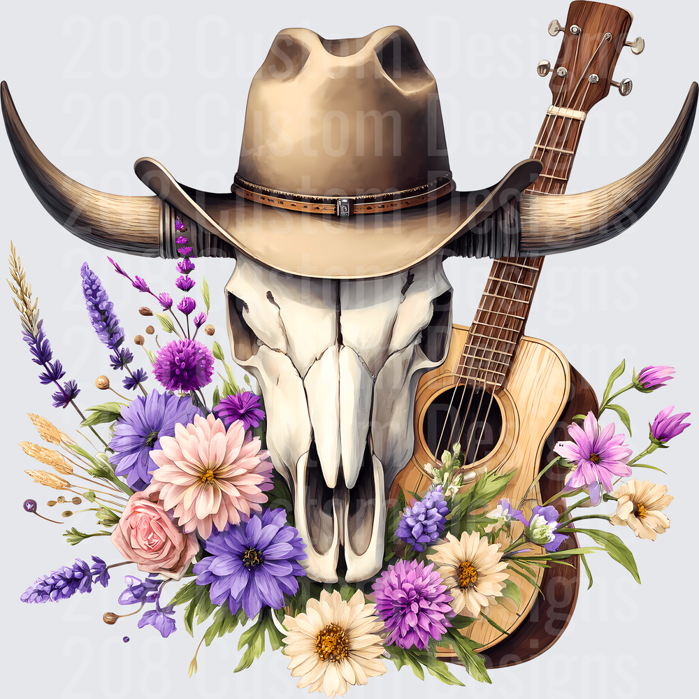 Bull Skull Cowboy Hat Acoustic Guitar Purple Wildflower Bouquet
