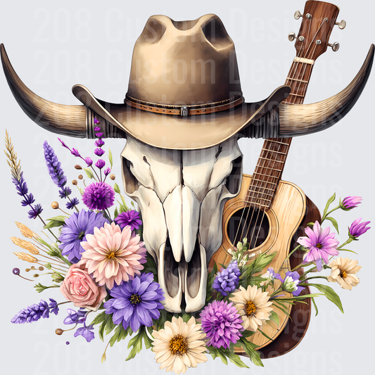 Bull Skull Cowboy Hat Acoustic Guitar Purple Wildflower Bouquet