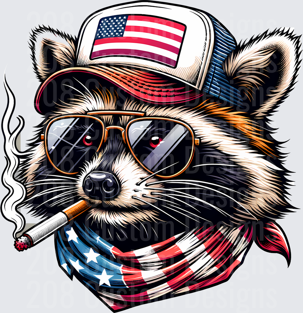 Patriotic Raccoon with Sunglasses Smoking American Flag Bandana