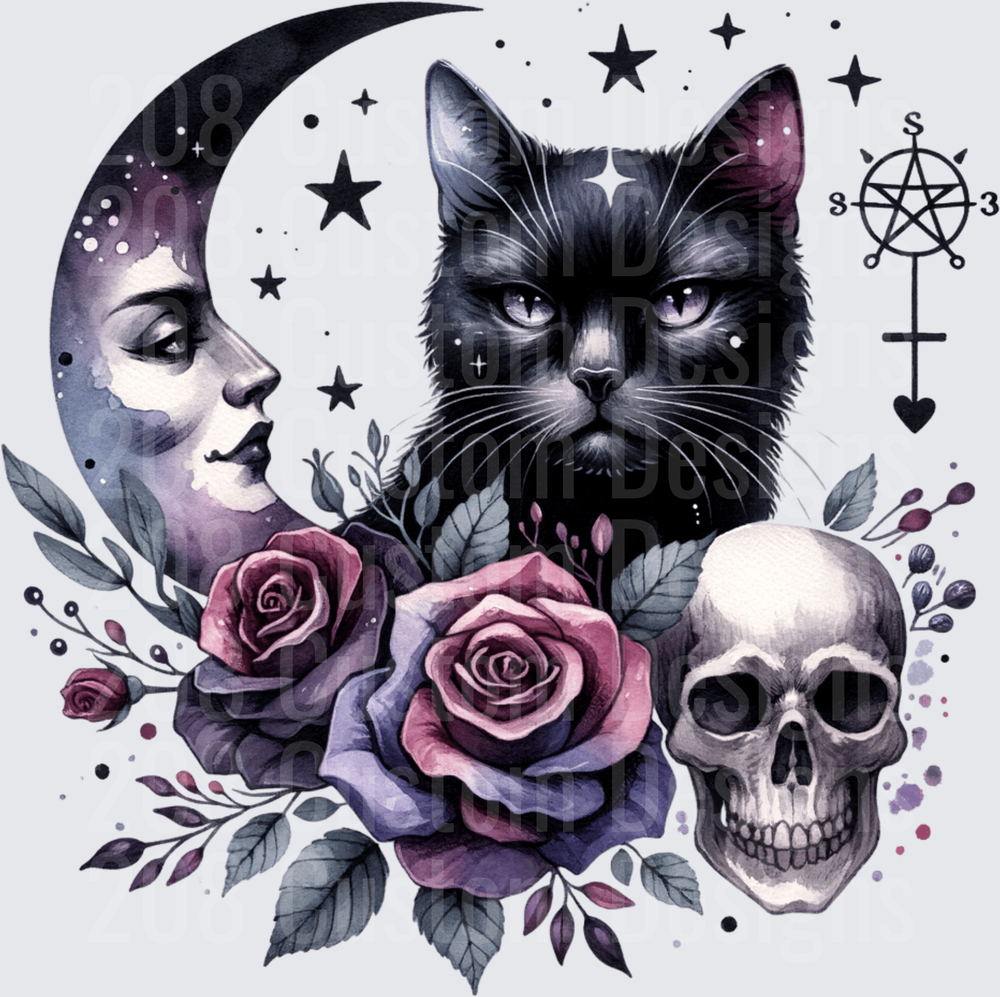 Gothic Black Cat Crescent Moon Skull Roses Witchy