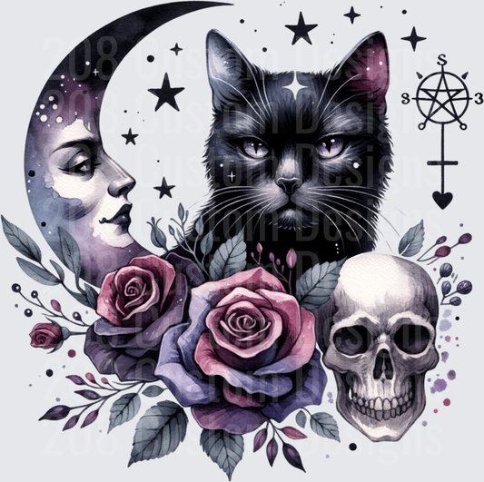 Gothic Black Cat Crescent Moon Skull Roses Witchy
