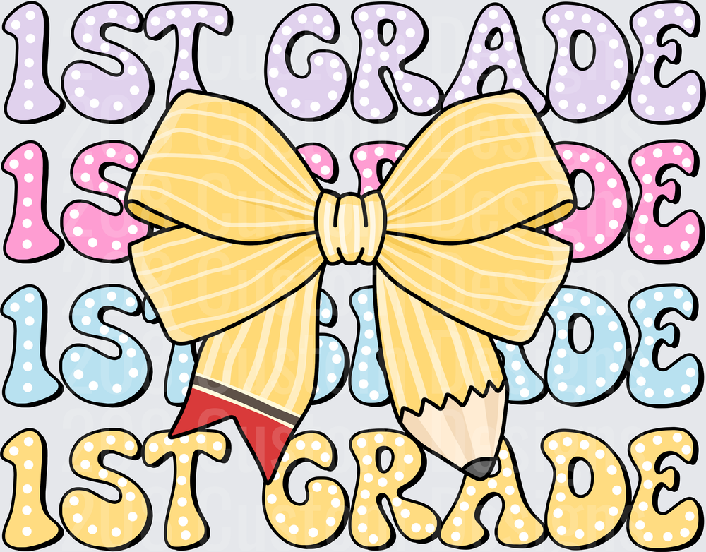 1st Grade Stacked Polka Dot Letters Pencil Yellow Bow