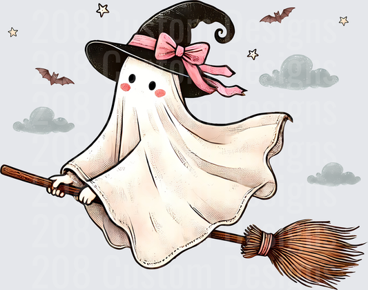 Cute Ghost Witch Flying on Broomstick with Pink Bow Hat