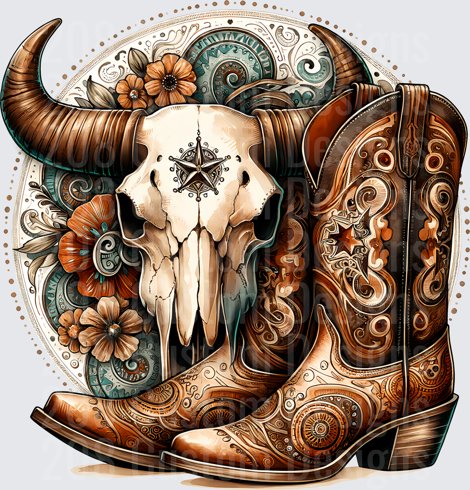 Western Cowboy Boots with Bull Skull and Ornate Floral Mandala