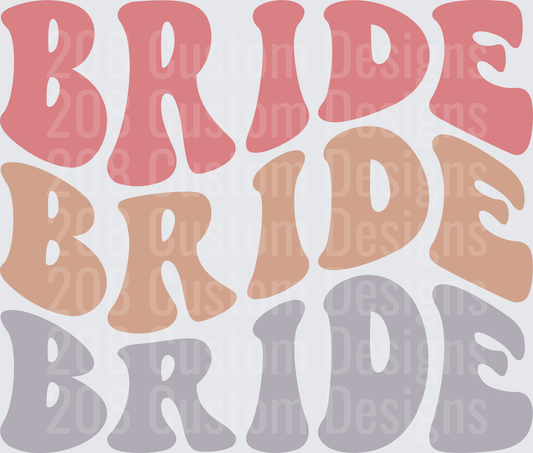 Retro Groovy Bride Text in Pink Tan and Purple Colors
