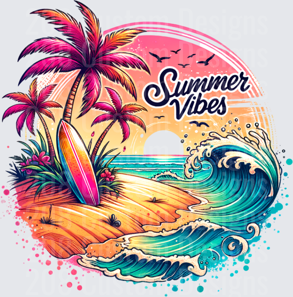 Summer Vibes Tropical Beach Scene with Palm Trees and Ocean Waves