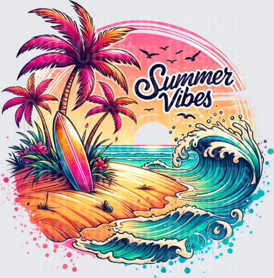 Summer Vibes Tropical Beach Scene with Palm Trees and Ocean Waves