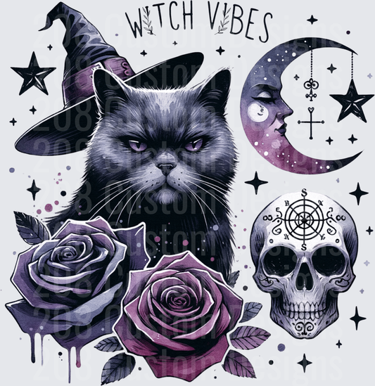 Witch Vibes Black Cat Skull Moon Purple Roses Halloween