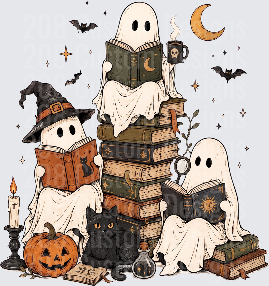 Cute Ghosts Reading Spooky Books Halloween Witch Hat Cat