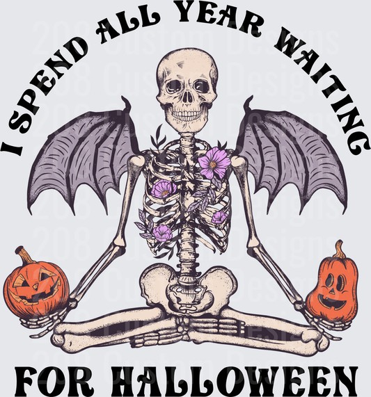I Spend All Year Waiting For Halloween Floral Bat Wing Skeleton with Jack-o-Lanterns