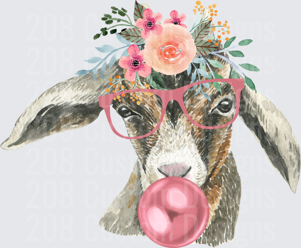 Watercolor Goat with Pink Glasses Floral Crown Bubblegum