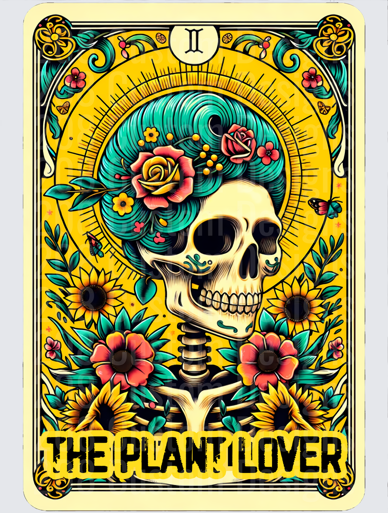 Gemini Plant Lover Tarot Card Skull with Floral Hair Design