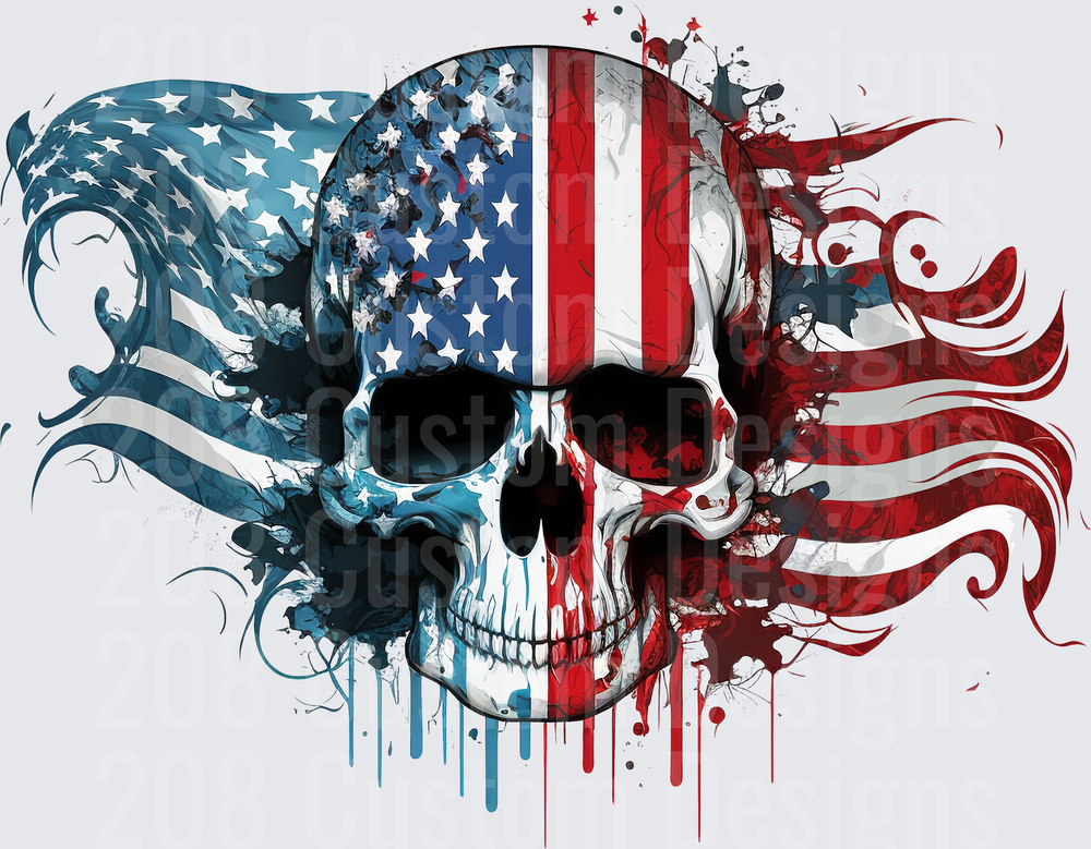American Flag Skull with Flowing Blue and Red Paint Drips