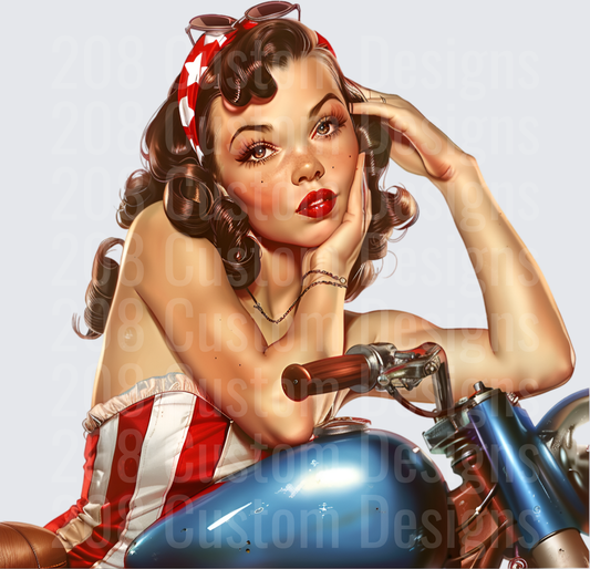 Vintage Pin-Up Girl on Motorcycle with Red White Striped Top