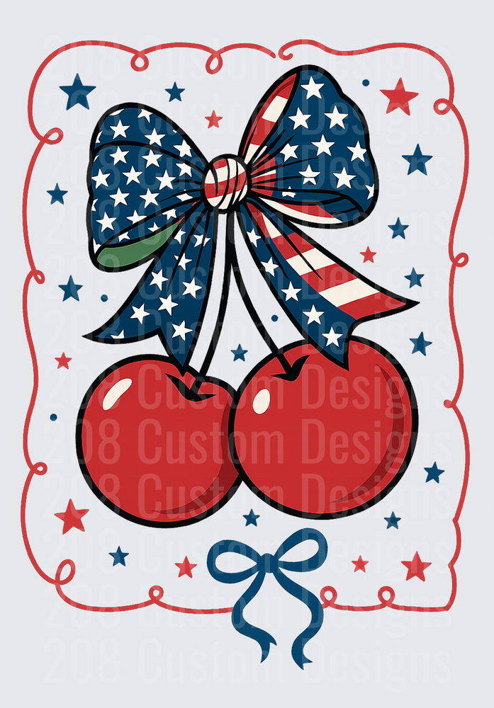 Patriotic Red Cherries with American Flag Bow and Stars