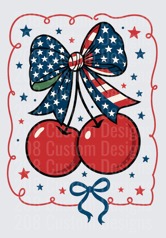 Patriotic Red Cherries with American Flag Bow and Stars