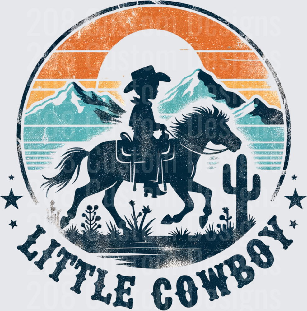 Retro Sunset Cowboy on Horseback Little Cowboy Western Scene