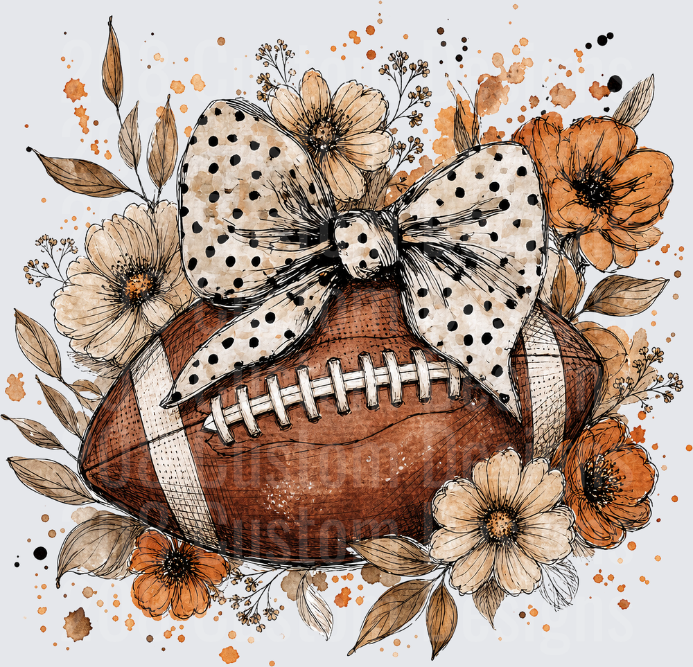 Floral Football with Polka Dot Bow Watercolor Boho Design