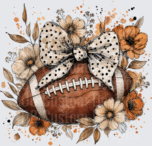 Floral Football with Polka Dot Bow Watercolor Boho Design