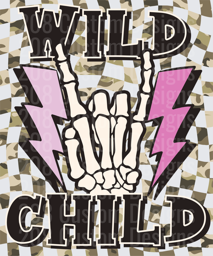 Wild Child Skeleton Rock Hand Pink Lightning Bolts Camo