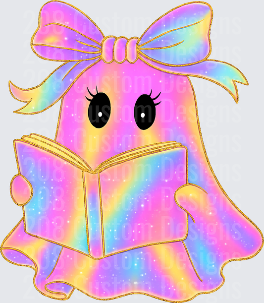 Pastel Rainbow Glitter Ghost Girl Reading Book with Bow