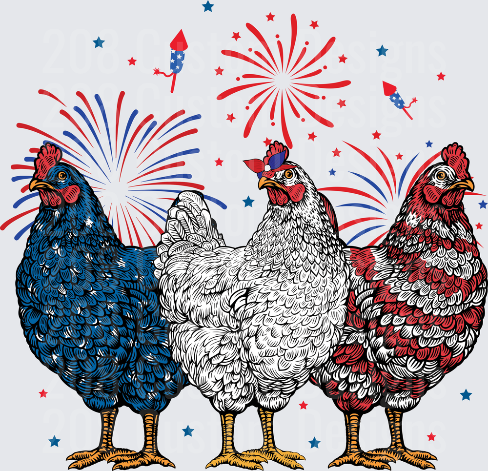 Three Patriotic Chickens with Red White Blue Fireworks