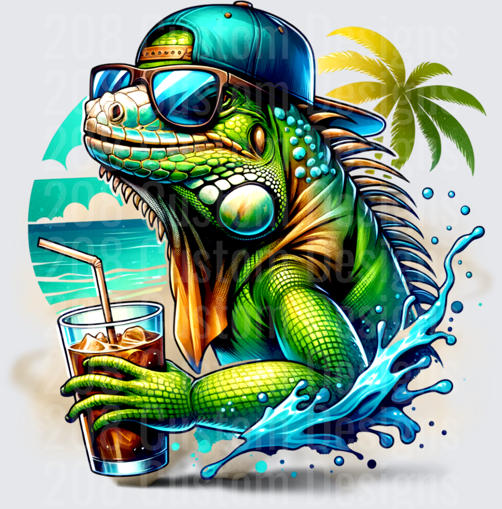 Cool Iguana Wearing Sunglasses and Baseball Cap with Tropical Drink