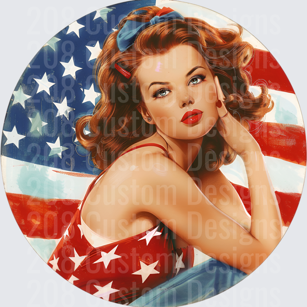 Vintage Pin-Up Girl with American Flag Background