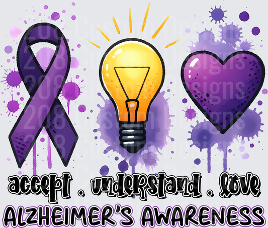 Purple Ribbon Lightbulb Heart Accept Understand Love Alzheimer's Awareness