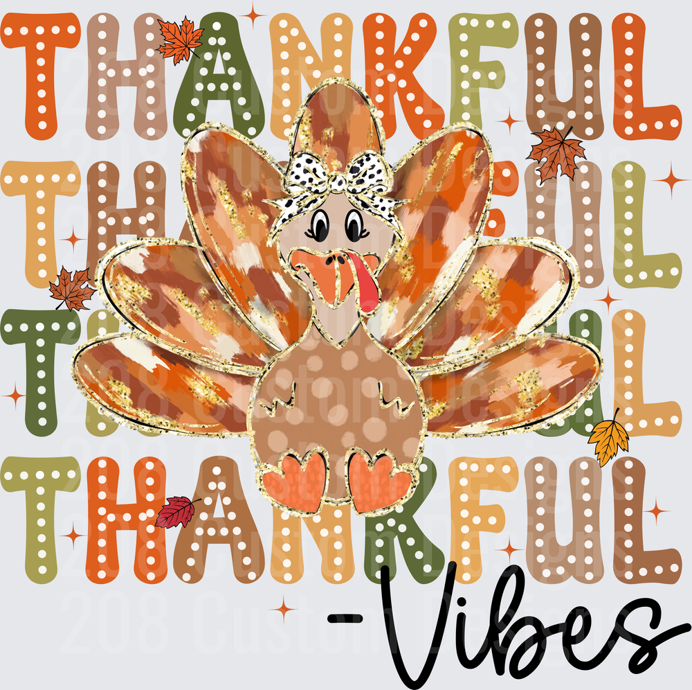Thankful Vibes Cute Turkey Bow Stacked Fall Leaves