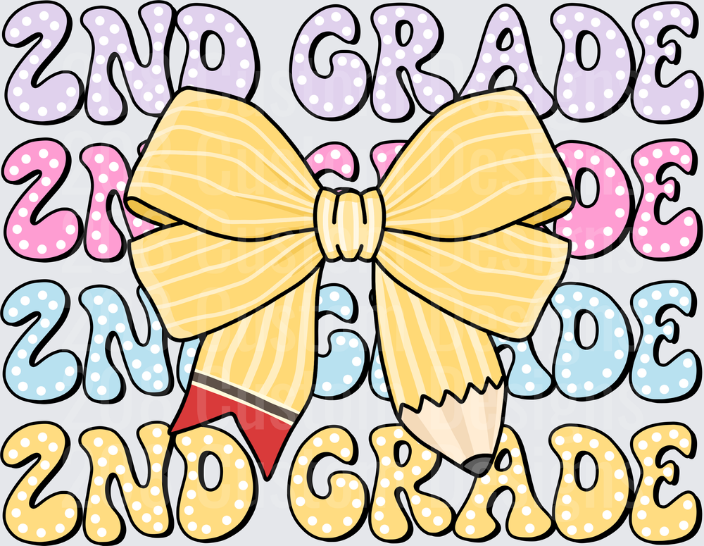 2nd Grade Stacked Polka Dot Letters Pencil Yellow Bow