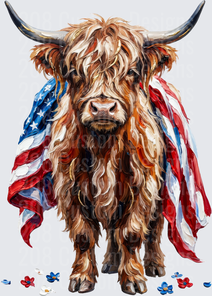 Highland Cow with American Flag Patriotic