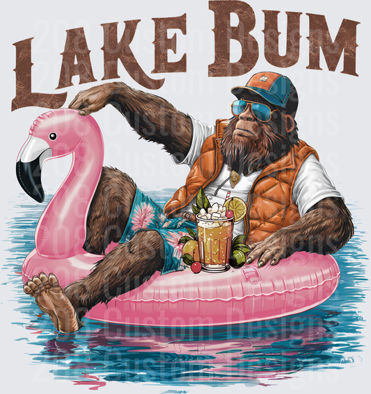 Lake Bum Bigfoot on Pink Flamingo Pool Float with Cocktail