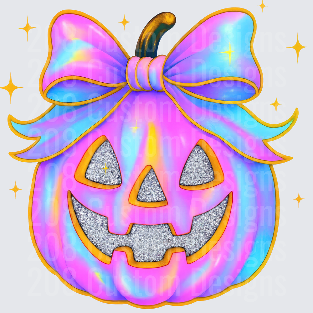 Holographic Pastel Rainbow Jack-O-Lantern with Coquette Bow