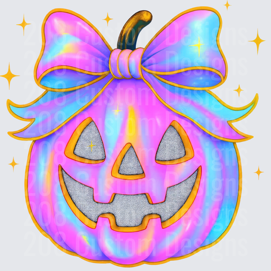 Holographic Pastel Rainbow Jack-O-Lantern with Coquette Bow