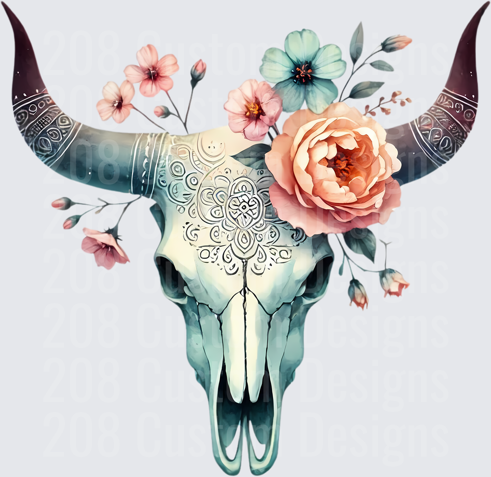 Boho Bull Skull with Mandala and Watercolor Flowers