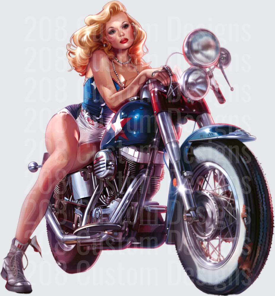 Pin-up Girl on Classic Motorcycle with Flowing Blonde Hair