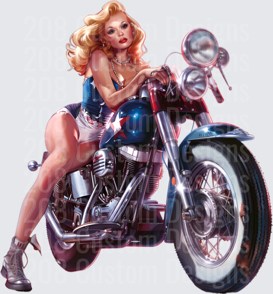 Pin-up Girl on Classic Motorcycle with Flowing Blonde Hair