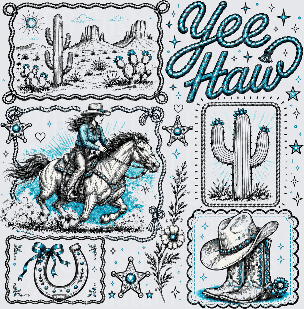 Yee Haw Western Cowgirl Collage Blue Rope Border