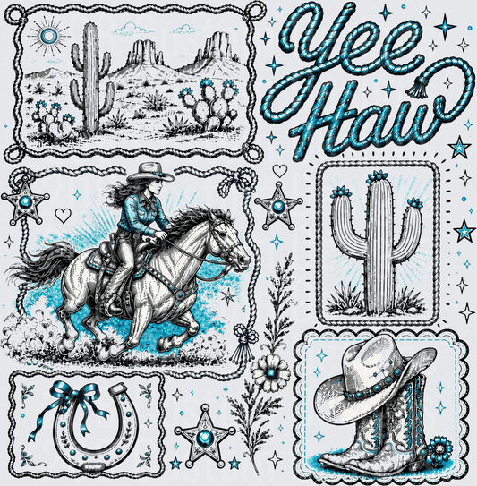Yee Haw Western Cowgirl Collage Blue Rope Border
